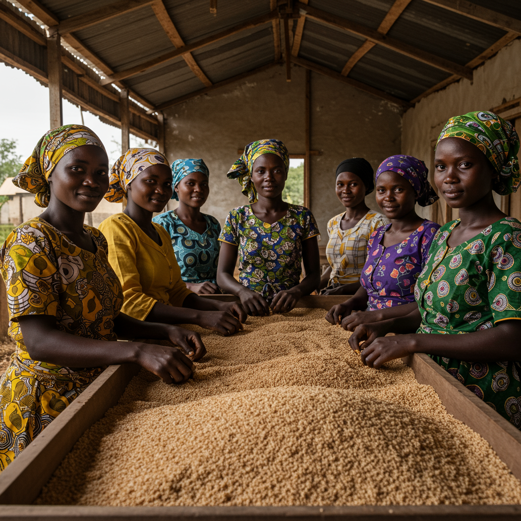 Équipe de femmes africaines professionnelles transformant des graines de sésame dans une installation agricole moderne au Mali
